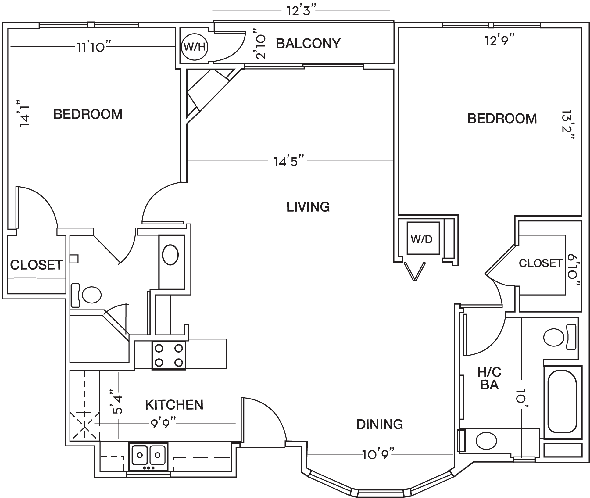 Floor plan for 2 beds, 2 baths, 1120 sqft